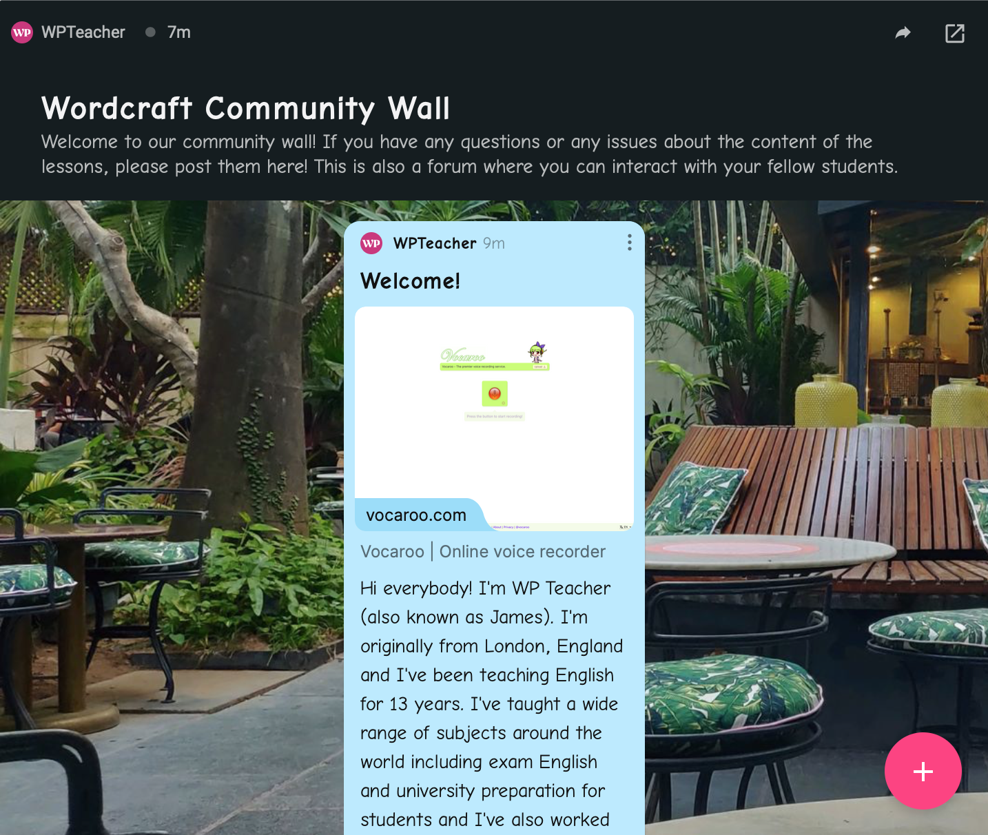 Introduction post by the teacher on Padlet. Used to represent the ‘Community Wall’ in this IELTS speaking course.