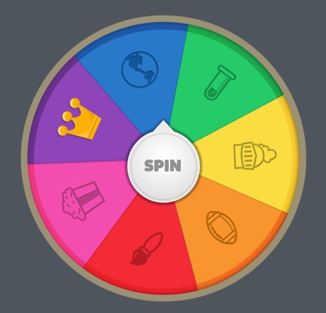 Spinning wheel on a background of coloured segments with icons representing topics in this IELTS writing course.